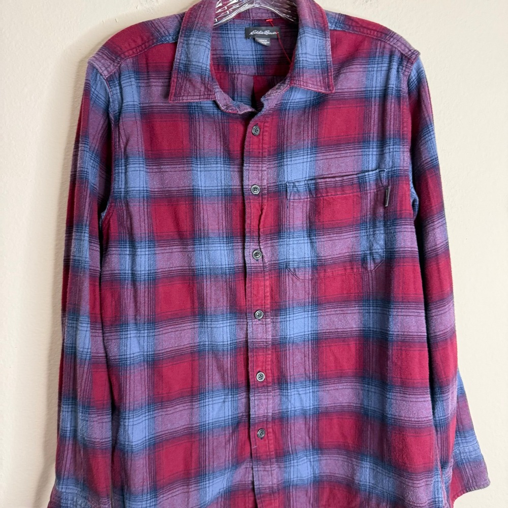 Eddie Bauer Flannel Shirt Mens M Red Blue Plaid Long Sleeve Cotton Button Up - Picture 2 of 5